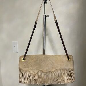 St. John Beige Fringe Shoulder Bag with Gold Accents